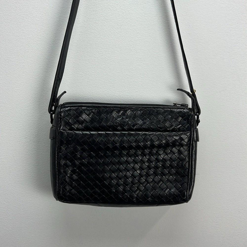 Vintage Morris Moskowitz Black Woven Leather Purse Crossbody Shoulder Bag Chic - Picture 10 of 10